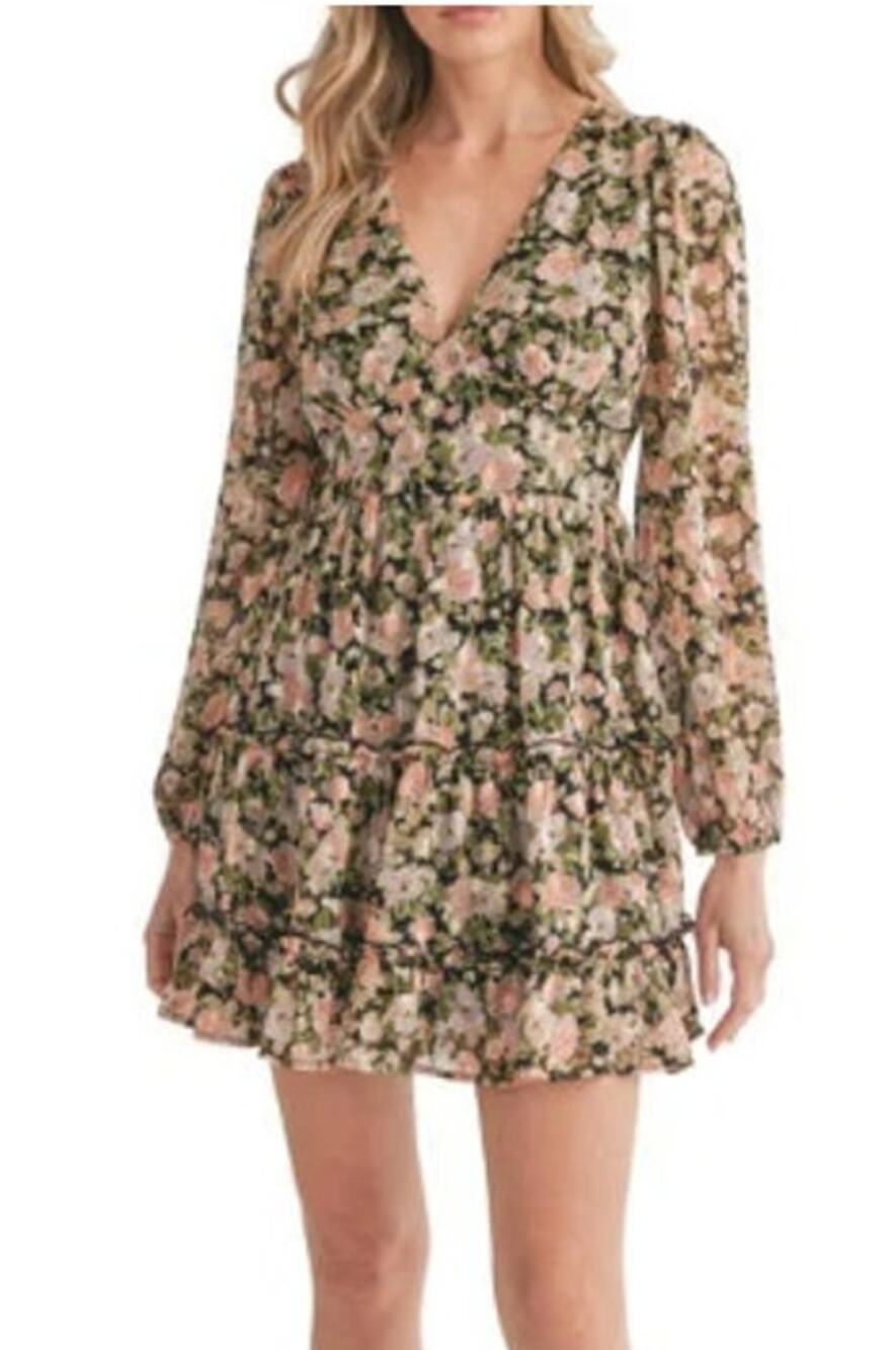 NEW ALL IN FAVOR NORDSTROM Multicolor Floral Long Sleeve Mini Dress Size M